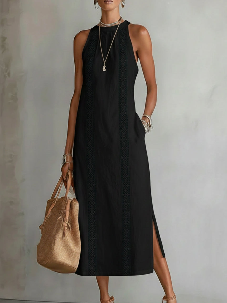 Sofia | Vestido Midi de Algodón y Lino con Cuello Chino