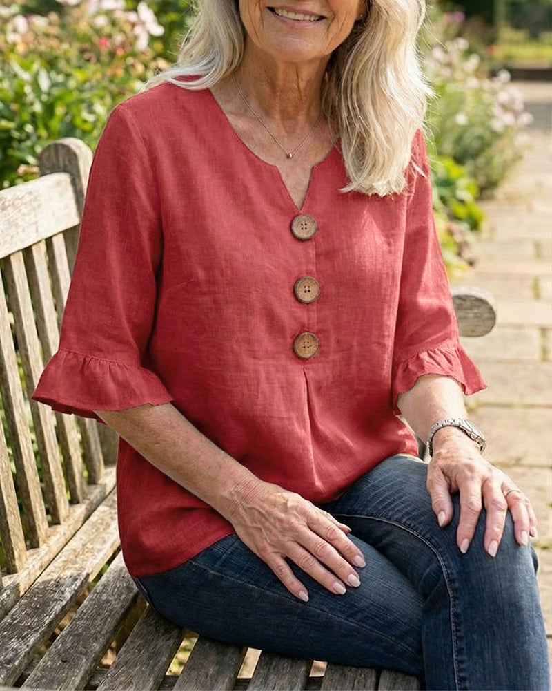 Sophia - Blusa Lisa de Algodón-Lino con Botones de Madera y Volantes