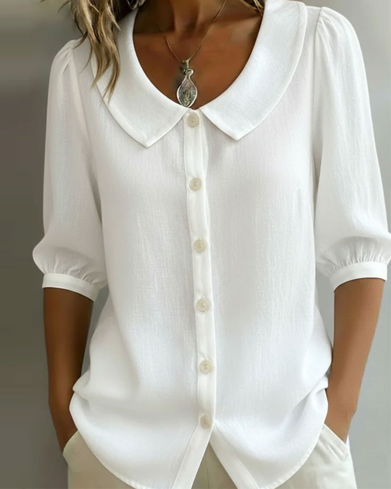 Emma - Camisa de Algodón de Manga Media con Cuello Peter Pan