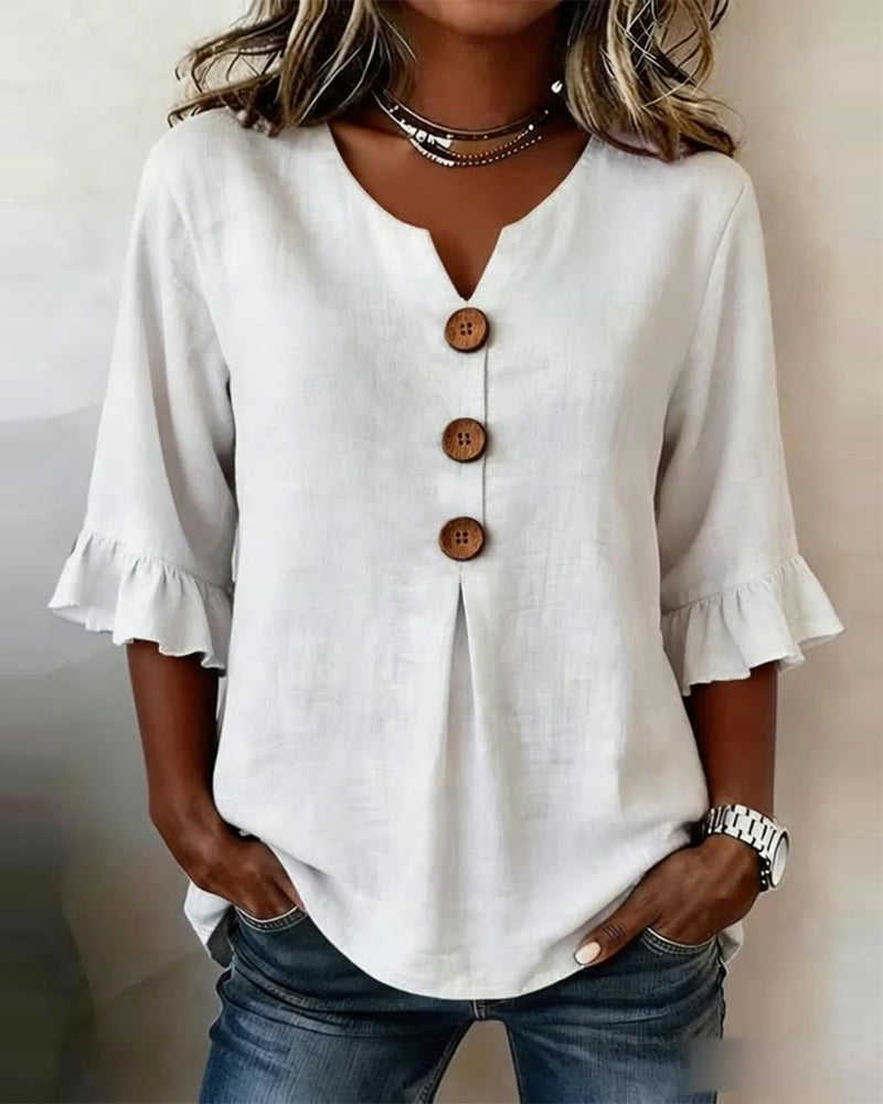 Sophia - Blusa Lisa de Algodón-Lino con Botones de Madera y Volantes