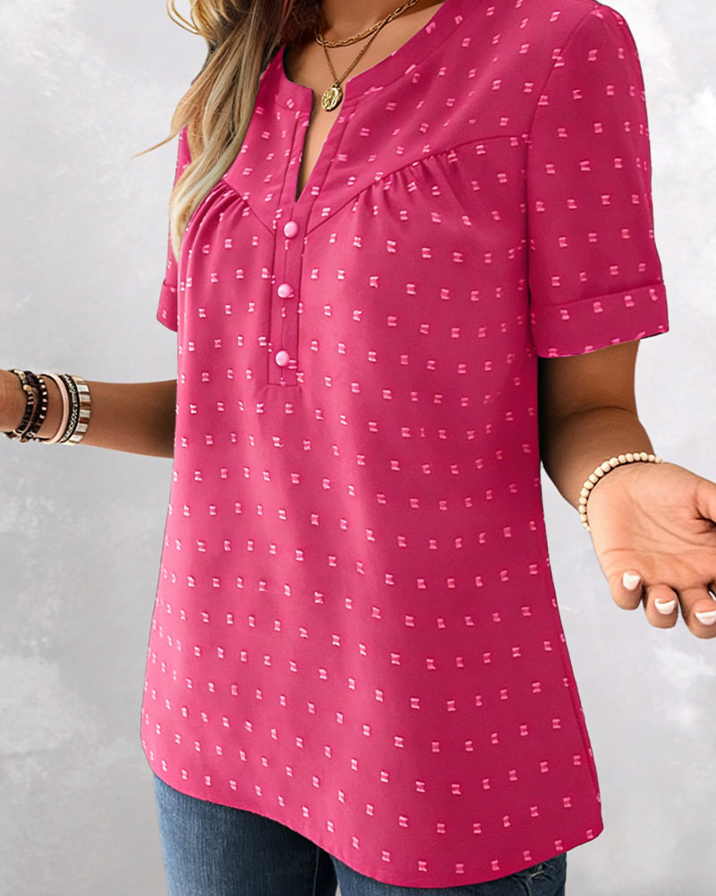 Camilla - Blusa Jacquard con Escote en V, Media Botonadura y Mangas Cortas
