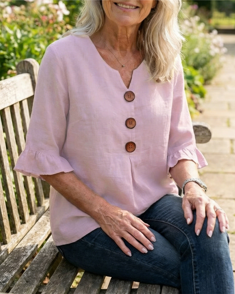 Sophia - Blusa Lisa de Algodón-Lino con Botones de Madera y Volantes