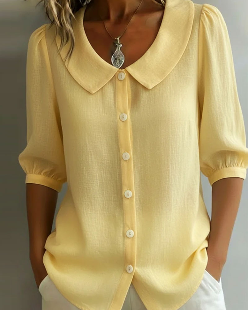 Emma - Camisa de Algodón de Manga Media con Cuello Peter Pan