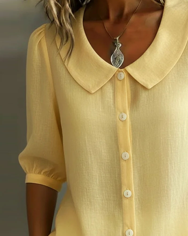 Emma - Camisa de Algodón de Manga Media con Cuello Peter Pan