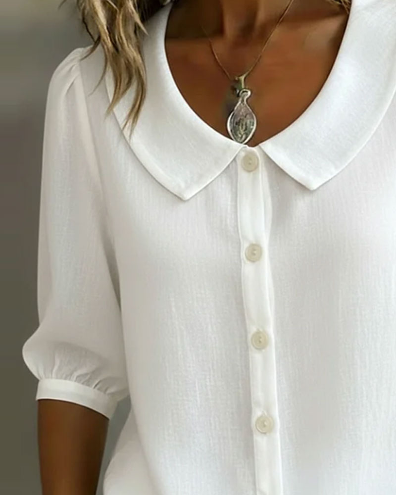 Emma - Camisa de Algodón de Manga Media con Cuello Peter Pan