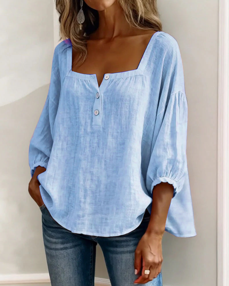 Amelia - Blusa Sencilla con Escote Cuadrado y Mangas Largas