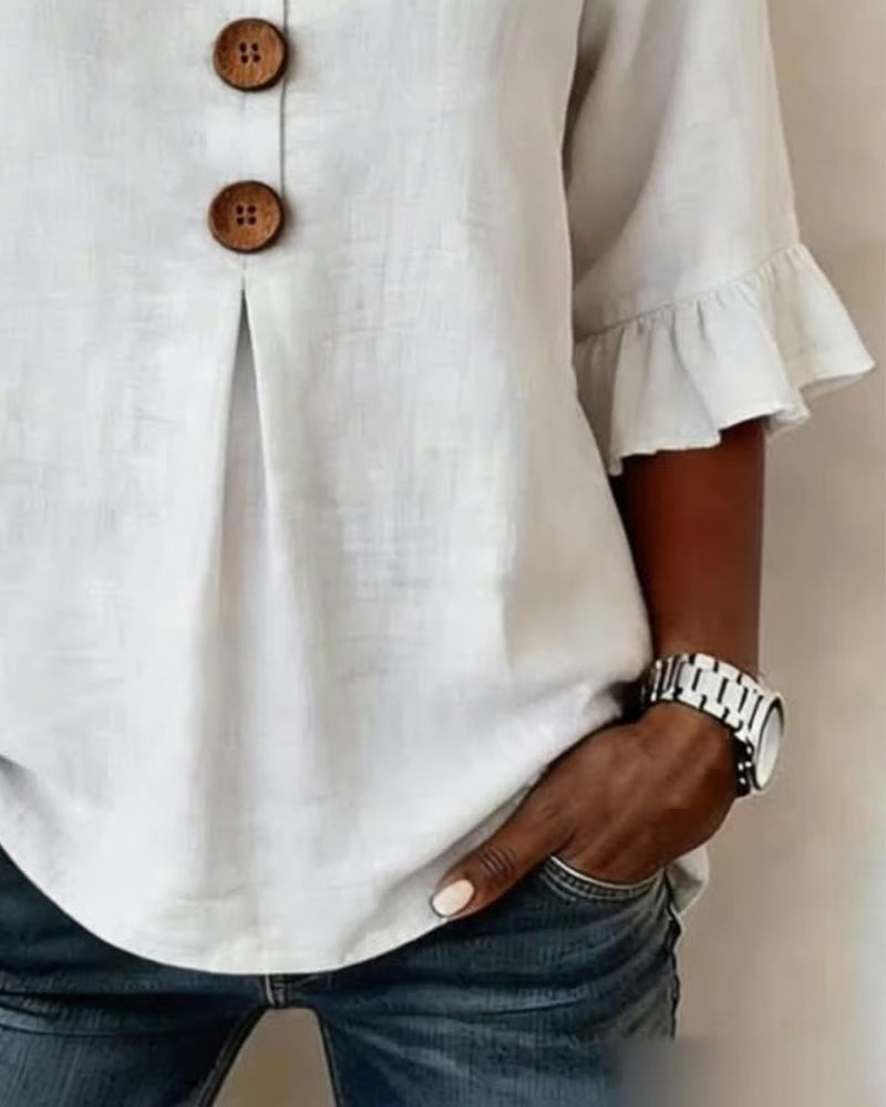 Sophia - Blusa Lisa de Algodón-Lino con Botones de Madera y Volantes