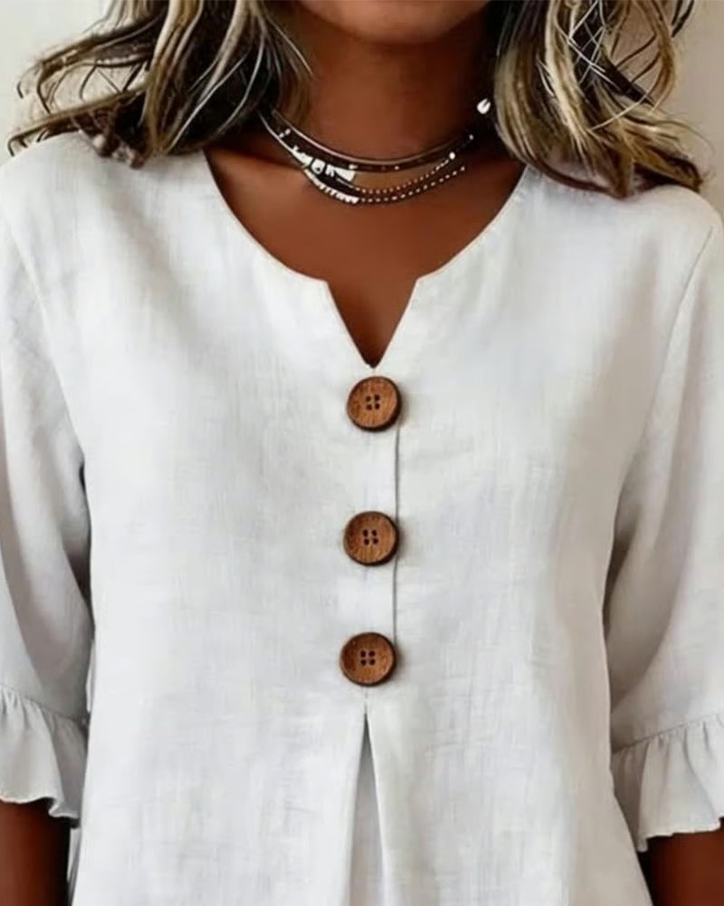 Sophia - Blusa Lisa de Algodón-Lino con Botones de Madera y Volantes
