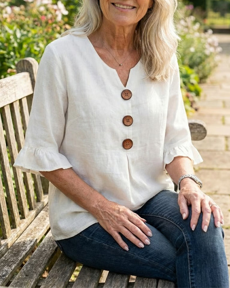 Ginerva - Blusa Lisa de Algodón-Lino con Botones de Madera y Volantes