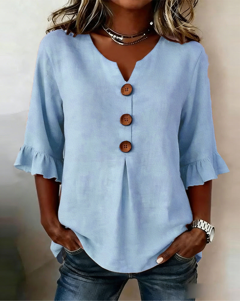 Sophia - Blusa Lisa de Algodón-Lino con Botones de Madera y Volantes