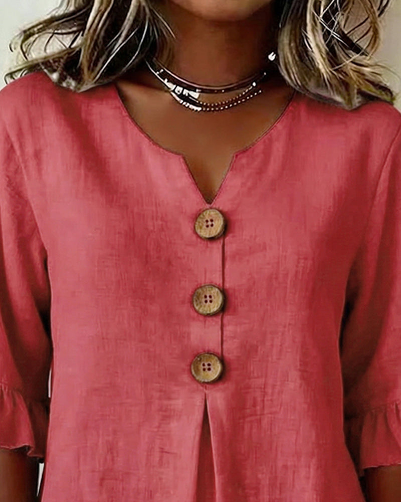 Ginerva - Blusa Lisa de Algodón-Lino con Botones de Madera y Volantes