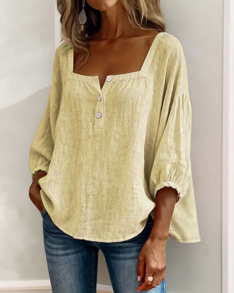 Amelia - Blusa Sencilla con Escote Cuadrado y Mangas Largas