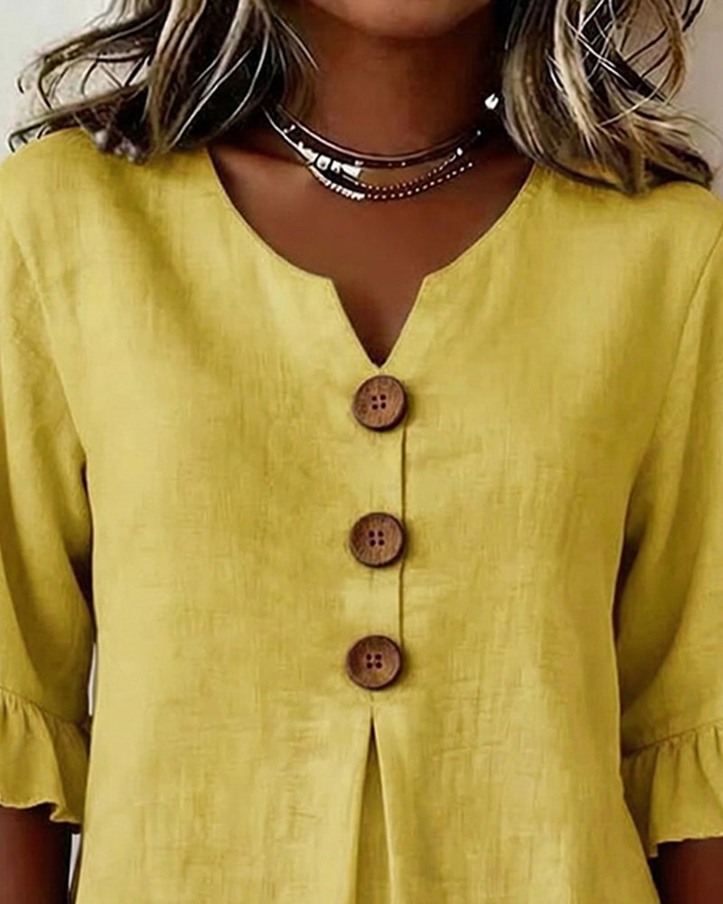 Ginerva - Blusa Lisa de Algodón-Lino con Botones de Madera y Volantes