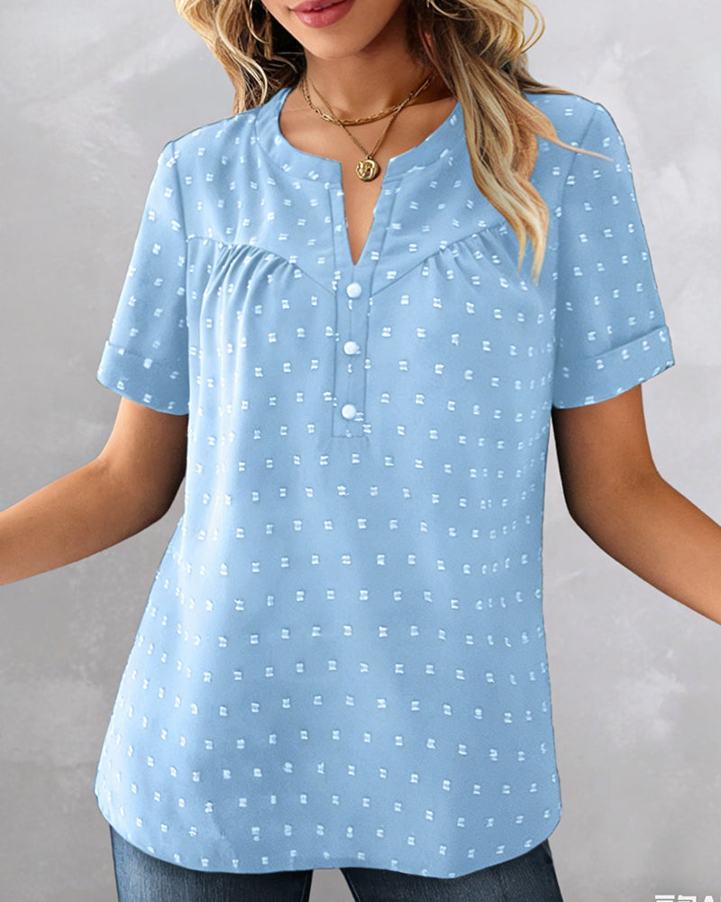 Camilla - Blusa Jacquard con Escote en V, Media Botonadura y Mangas Cortas