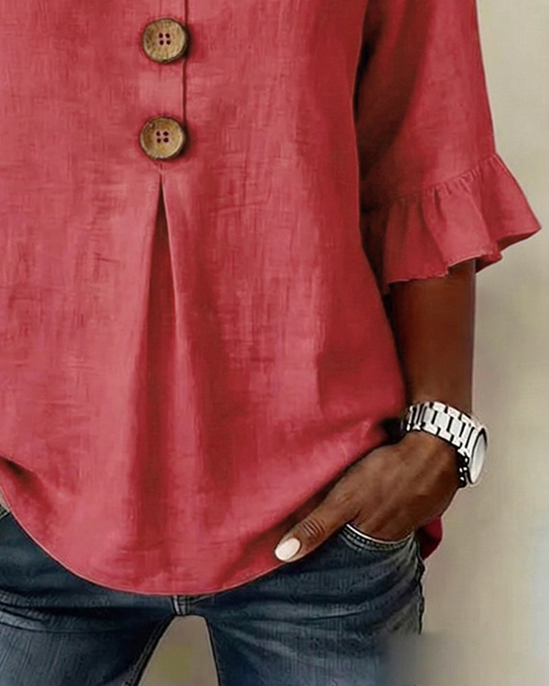 Sophia - Blusa Lisa de Algodón-Lino con Botones de Madera y Volantes