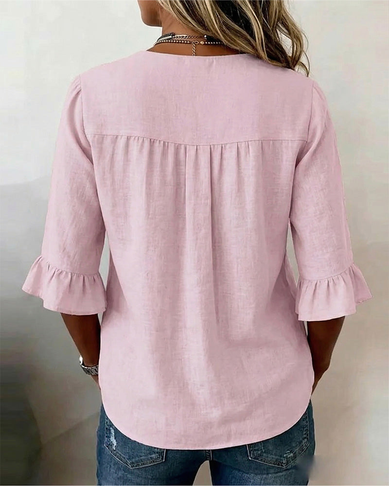 Sophia - Blusa Lisa de Algodón-Lino con Botones de Madera y Volantes
