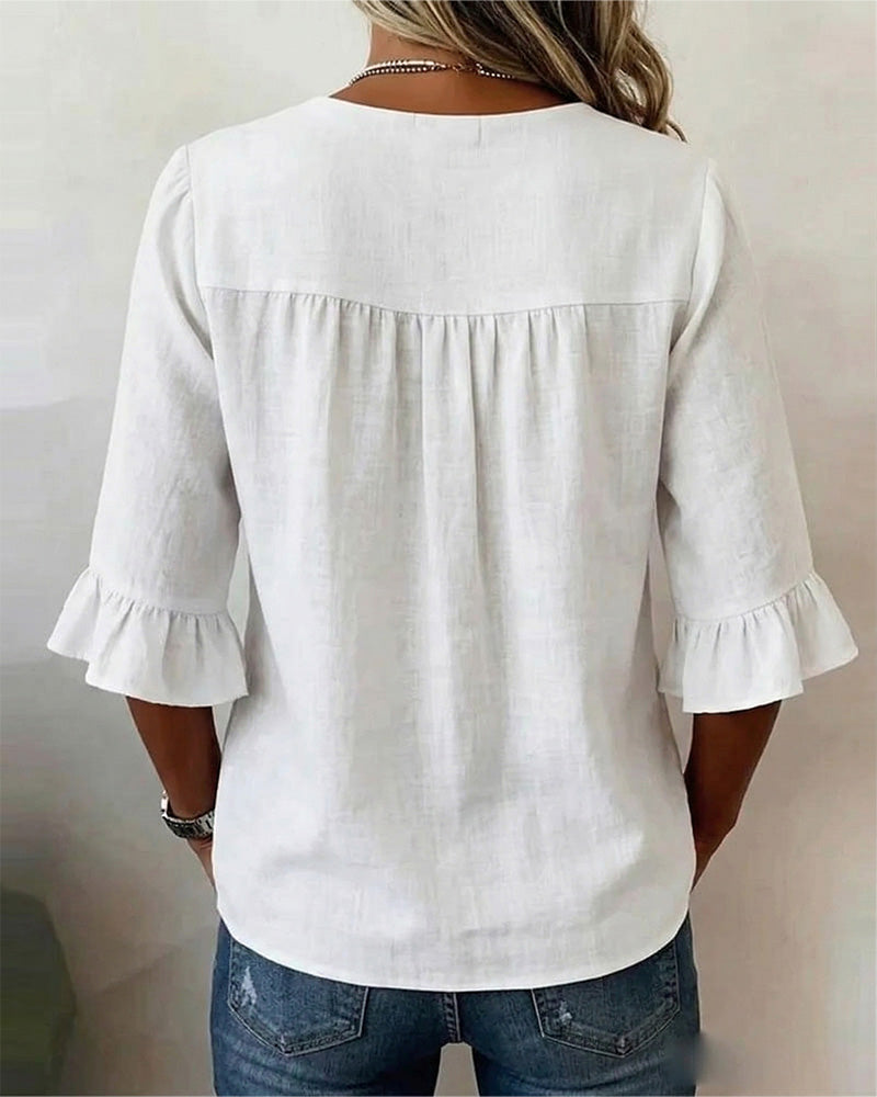 Sophia - Blusa Lisa de Algodón-Lino con Botones de Madera y Volantes