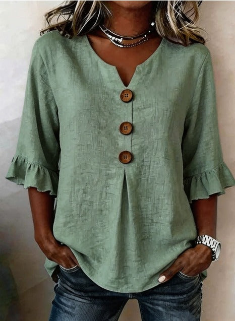 Ginerva - Blusa Lisa de Algodón-Lino con Botones de Madera y Volantes