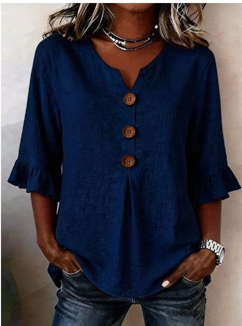 Ginerva - Blusa Lisa de Algodón-Lino con Botones de Madera y Volantes