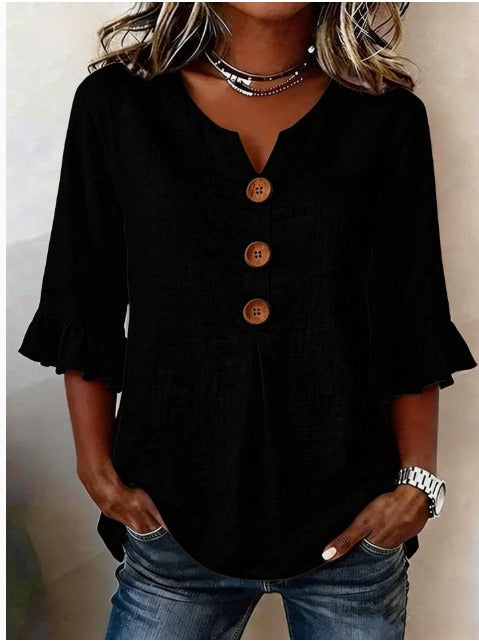 Sophia - Blusa Lisa de Algodón-Lino con Botones de Madera y Volantes