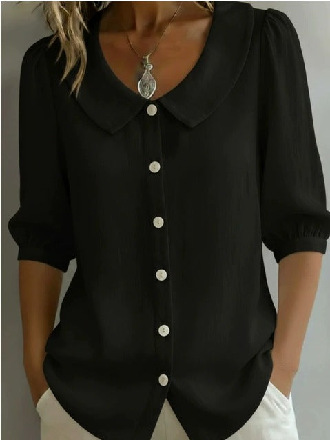Alessia - Camisa de algodón de manga media con cuello Peter Pan