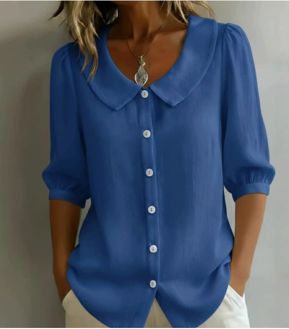 Alessia - Camisa de algodón de manga media con cuello Peter Pan