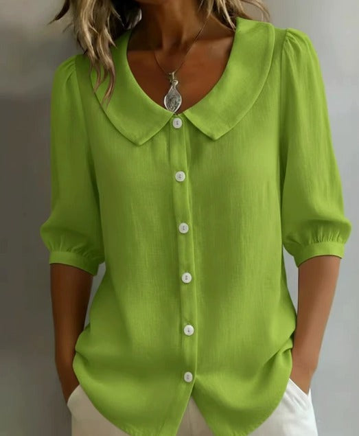 Emma - Camisa de Algodón de Manga Media con Cuello Peter Pan