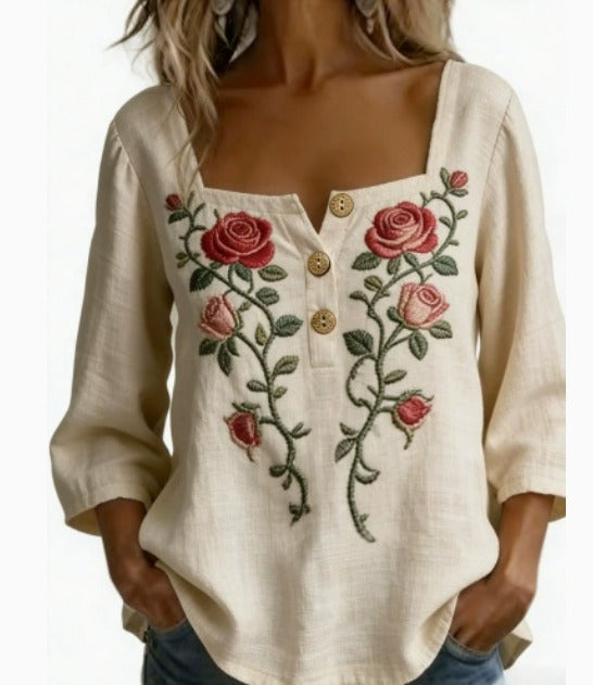 Amelia - Blusa Sencilla con Escote Cuadrado y Mangas Largas