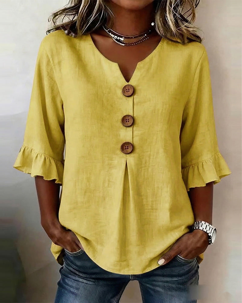 Ginerva - Blusa Lisa de Algodón-Lino con Botones de Madera y Volantes