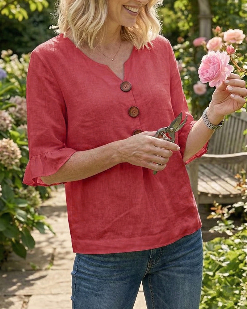 Sophia - Blusa Lisa de Algodón-Lino con Botones de Madera y Volantes