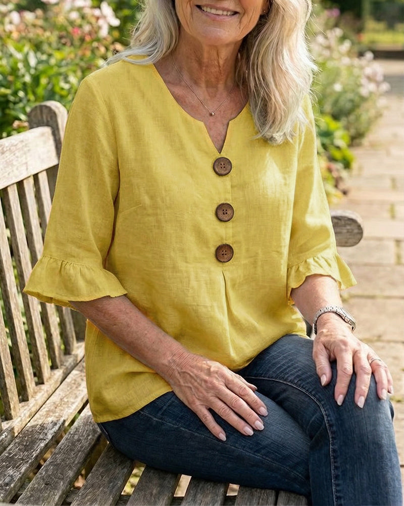 Ginerva - Blusa Lisa de Algodón-Lino con Botones de Madera y Volantes