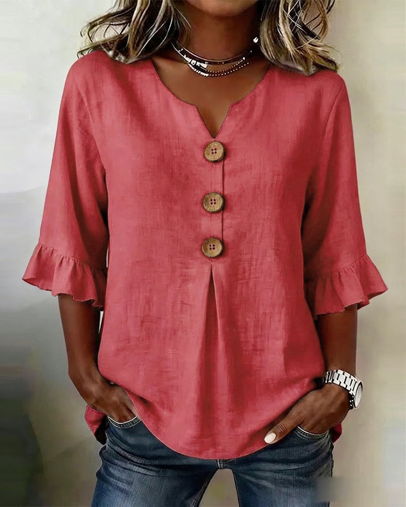 Sophia - Blusa Lisa de Algodón-Lino con Botones de Madera y Volantes