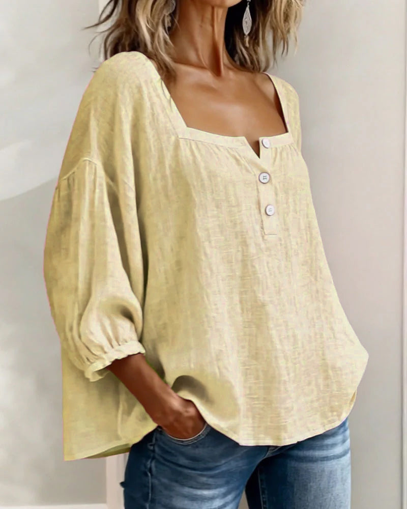 Amelia - Blusa Sencilla con Escote Cuadrado y Mangas Largas