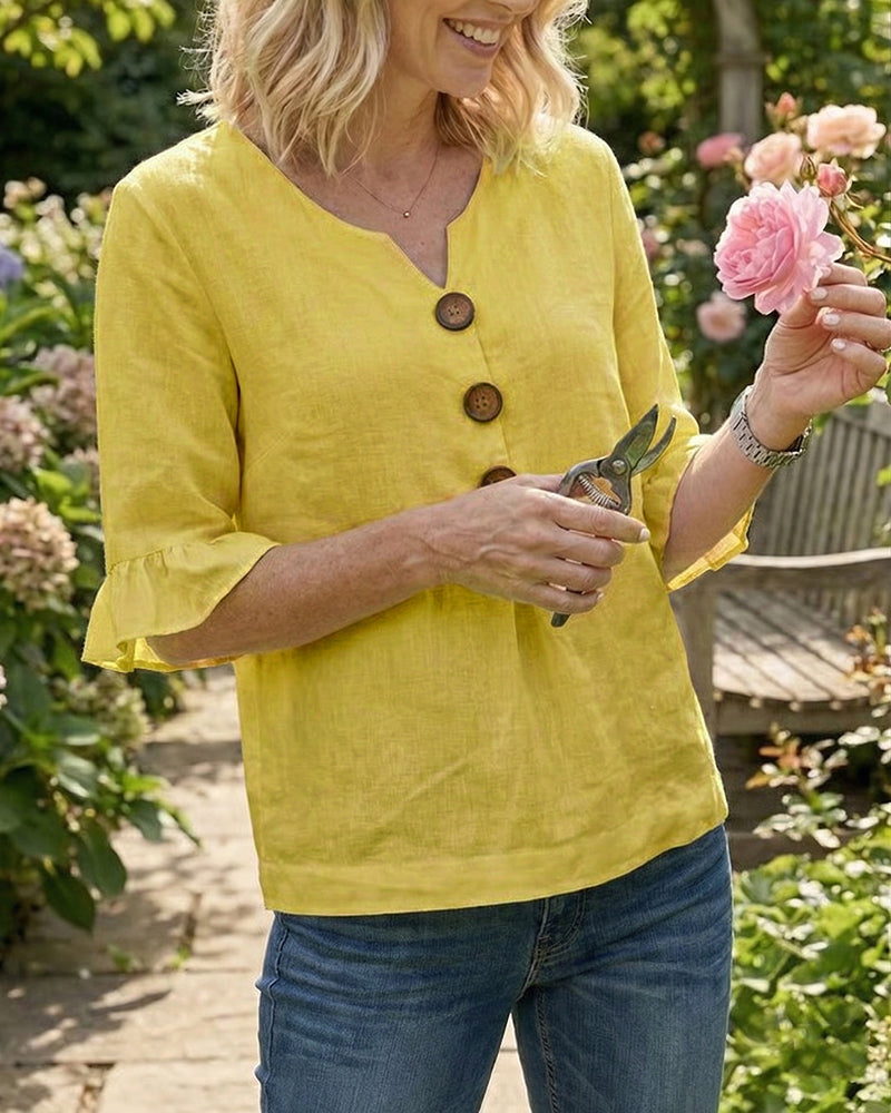 Sophia - Blusa Lisa de Algodón-Lino con Botones de Madera y Volantes