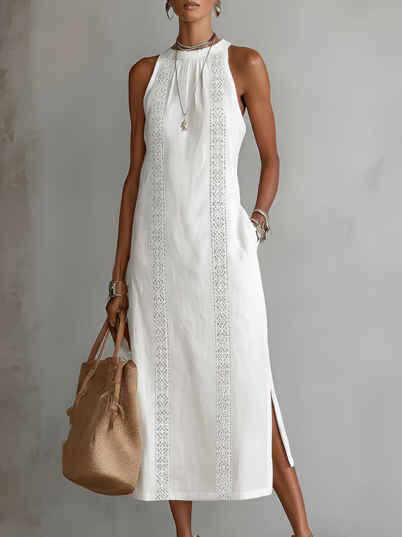 Sofia | Vestido Midi de Algodón y Lino con Cuello Chino