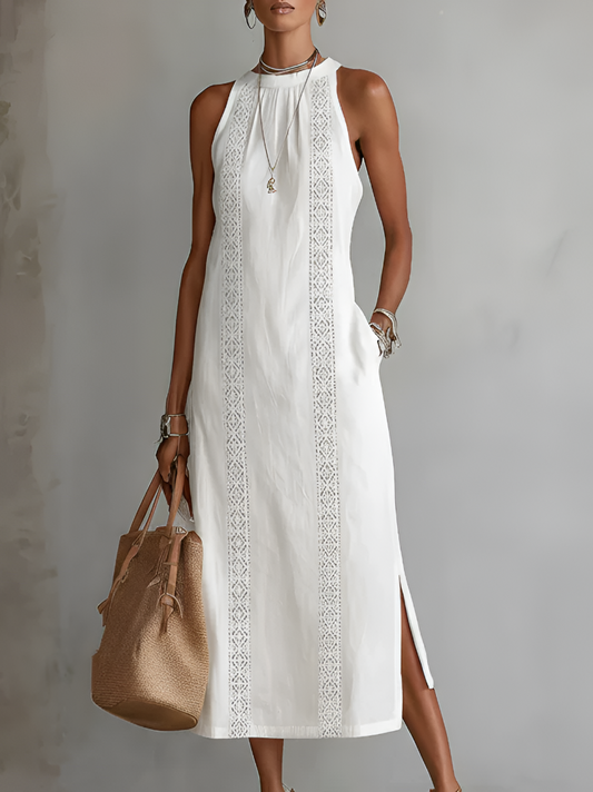 Sofia | Vestido Midi de Algodón y Lino con Cuello Chino