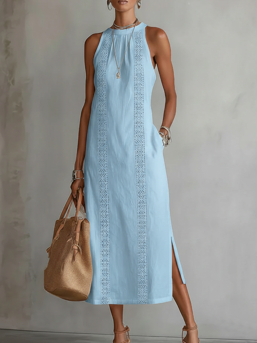 Sofia | Vestido Midi de Algodón y Lino con Cuello Chino