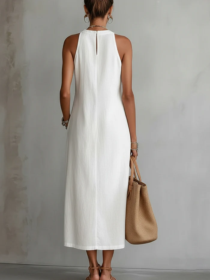 Sofia | Vestido Midi de Algodón y Lino con Cuello Chino