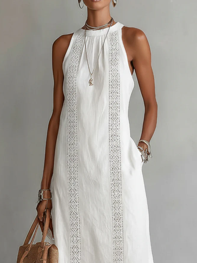 Sofia | Vestido Midi de Algodón y Lino con Cuello Chino