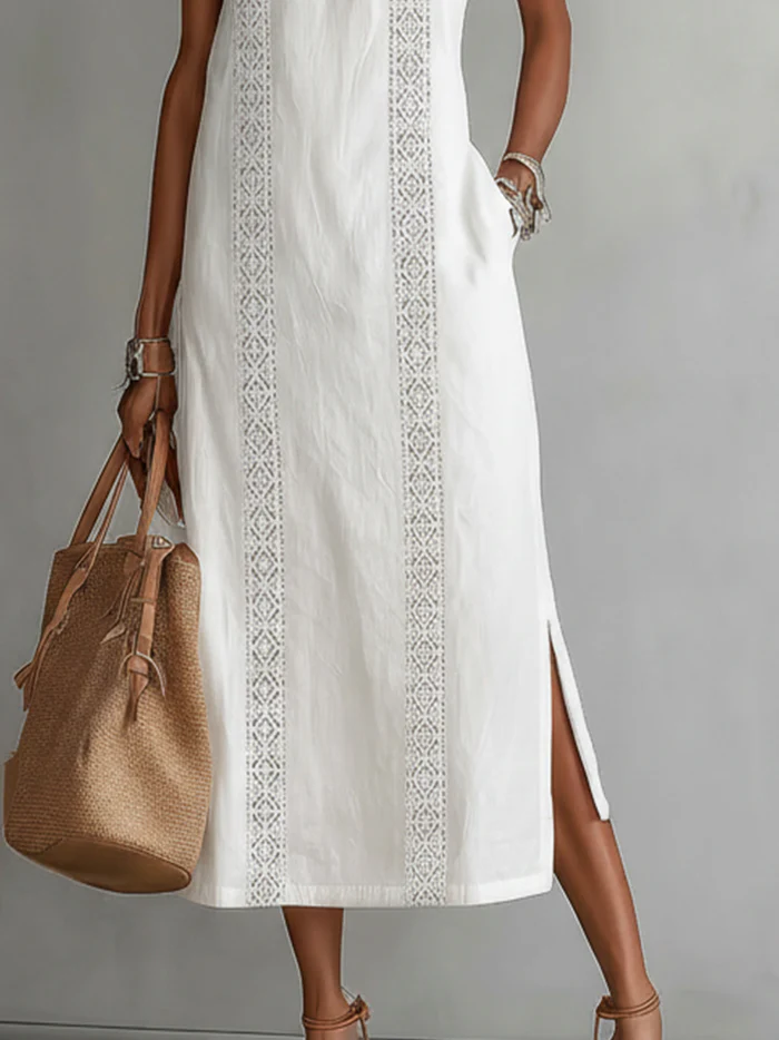 Sofia | Vestido Midi de Algodón y Lino con Cuello Chino