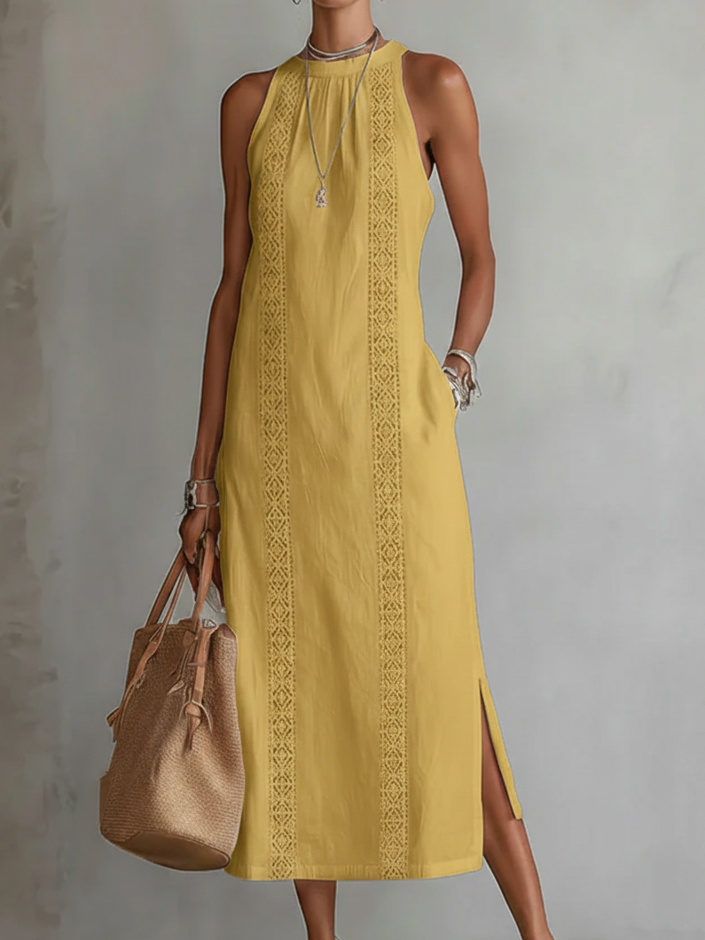 Sofia | Vestido Midi de Algodón y Lino con Cuello Chino