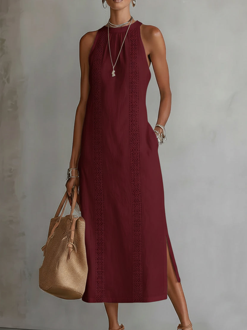 Sofia | Vestido Midi de Algodón y Lino con Cuello Chino